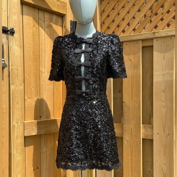 🆕 REBECCA VALLANCE 🧿 NWOT x Nicky Hilton Diana Black Bow Sequin Mini, Sz US 2 - Picture 2 of 16